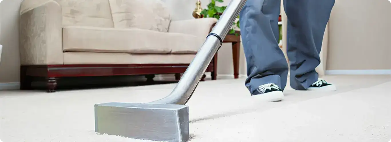 Carpet cleaning technician using a hot-water extraction wand on a light-colored carpet in a living room, Worcester, MA.