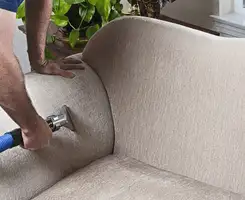 Professional upholstery cleaner deep-cleaning a fabric sofa with a handheld extraction tool and hose in Worcester, MA.